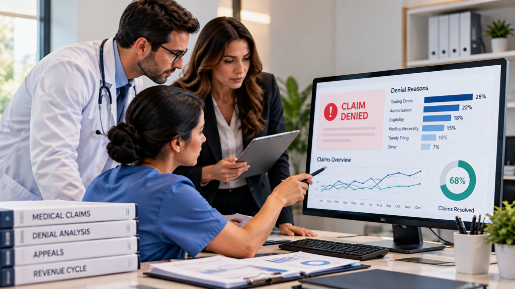 Medical billing team reviewing claim denials and revenue cycle data